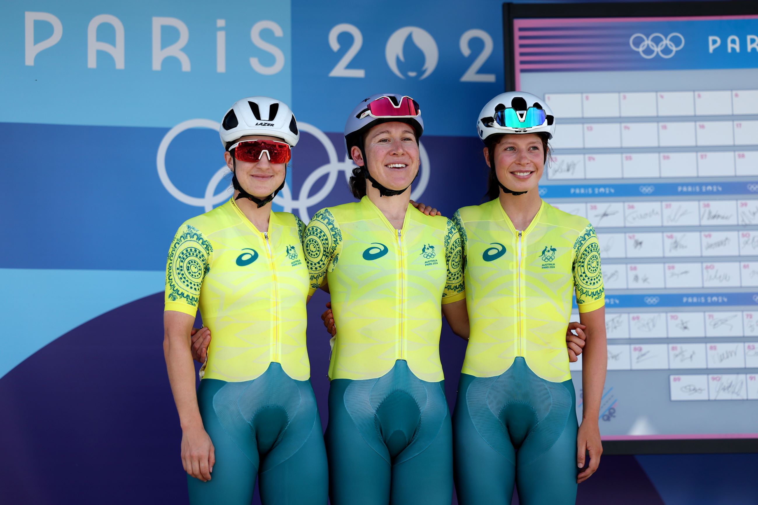 Grace Brown, Lauretta Hanson and Ruby-Roseman Gannon represent Australia at the team presentation before the Paris 2024 Olympic Games women's road race.